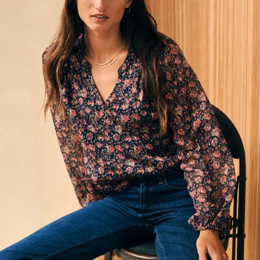 Faherty Floral Blouse in Pink and Blue